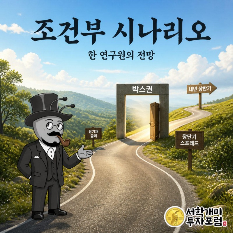 내년 상반기 이정표로 이어진 길 위 박스권 게이트 앞에서 서학개미가 장기채 금리와 장단기 스프레드 표지판을 체크리스트로 살핀다.