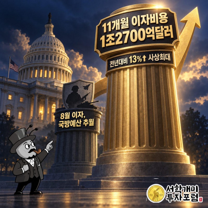 2026회계연도 첫 11개월 미 연방정부 이자비용이 1조2700억달러로 1년 전보다 13% 늘어 사상 최대치다