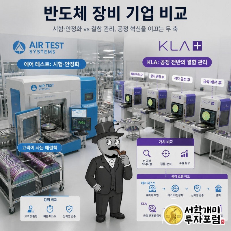 개미가 반도체 시험 챔버와 제조 공정 곳곳의 결함 검사 장비를 가리키며 두 회사의 역할 차이를 안내한다.