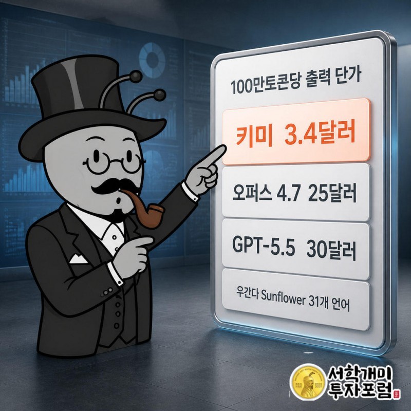 출력 100만토큰 기준 키미 3.4달러, 앤스로픽 오퍼스 4.7 25달러, GPT-5.5 30달러