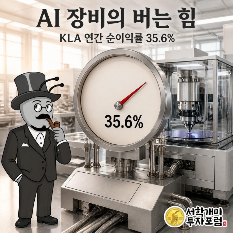 밝은 반도체 공장에서 개미가 KLA의 연간 순이익률 35.6%를 가리키는 대형 계기판을 놀란 표정으로 살핀다.
