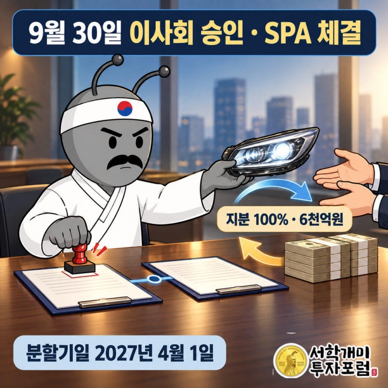 9월 30일 임시이사회가 물적분할 승인, 같은 날 주식매매계약(SPA) 체결