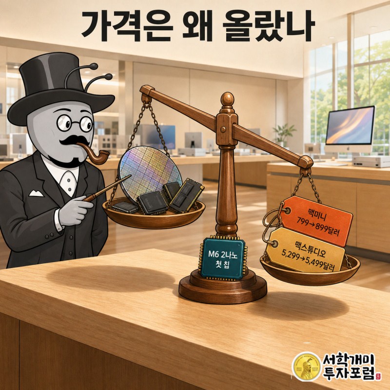 저울 오른쪽 접시에 맥미니와 맥스튜디오 가격표가 얹혀 기울고 부자개미가 그쪽을 가리키는 장면