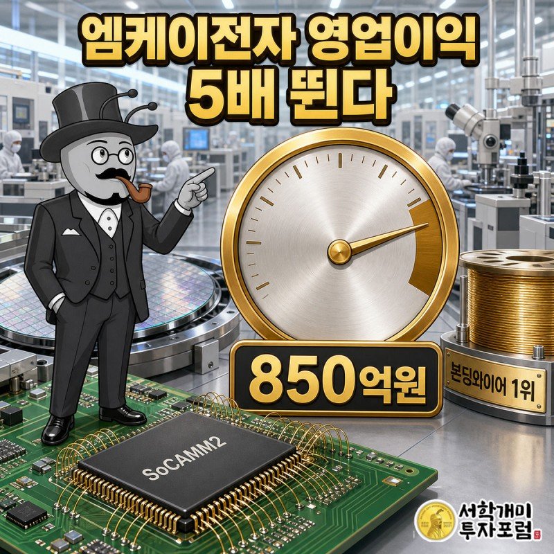 게이지 바늘이 5배 구간까지 치솟은 것을 보고 서민개미가 놀라며 가리키는 모습, 엠케이전자 영업이익 850억원을 표시한 커버 이미지