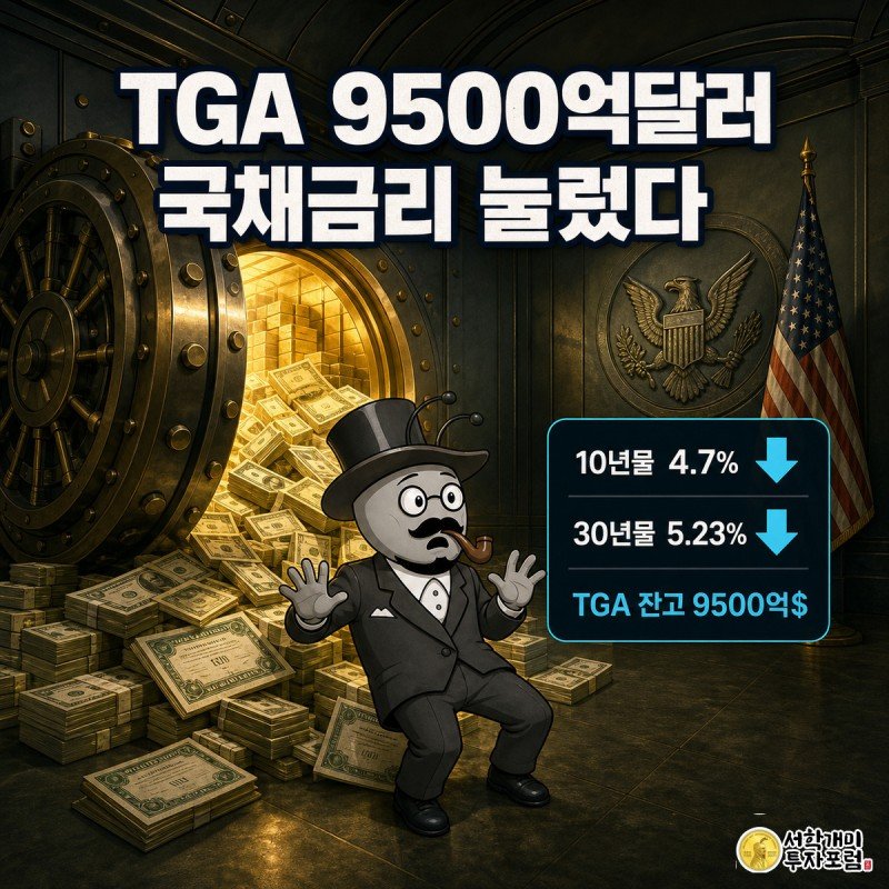 미국 재무부 금고에서 황금색 지폐가 쏟아져 나오자 개미가 놀란 표정으로 뒷걸음질 치는 모습, 상단에 제목과 10년물 금리 4.7% 데이터 위젯이 보인다.