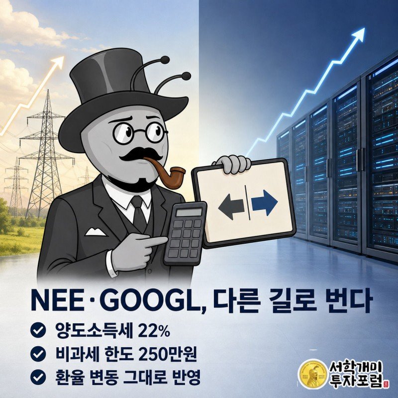 송전탑과 서버랙 사이 경계선에서 부자개미가 계산기와 환율판을 들고 NEE와 GOOGL의 실적 경로를 저울질한다