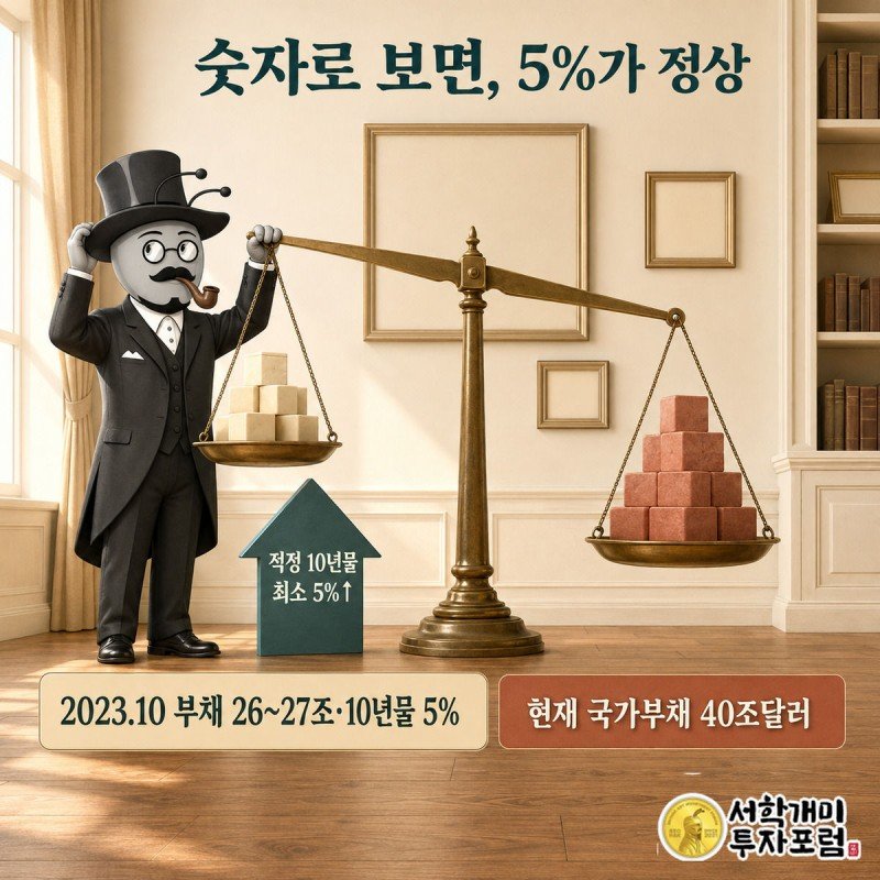 부자개미가 저울로 2023년 부채 26~27조달러·10년물 5%와 현재 부채 40조달러를 비교하며 적정 금리 5% 이상을 가리키는 장면