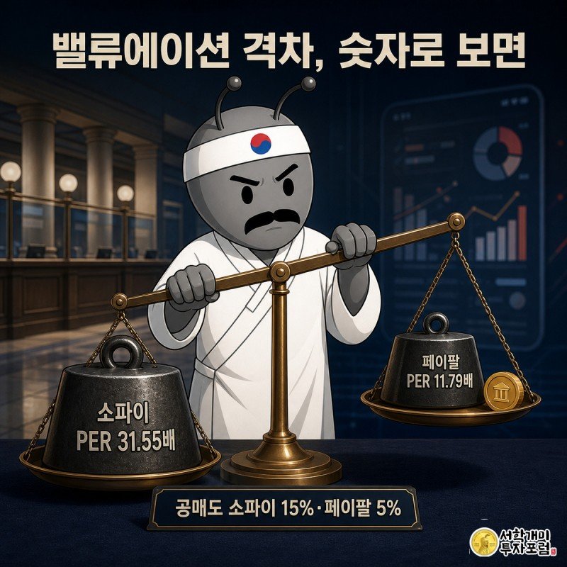개미가 커다란 저울을 들고 있는데 소파이 쪽 접시가 페이팔과 JP모간 표시가 얹힌 반대편보다 훨씬 무겁게 기울어져 있다.
