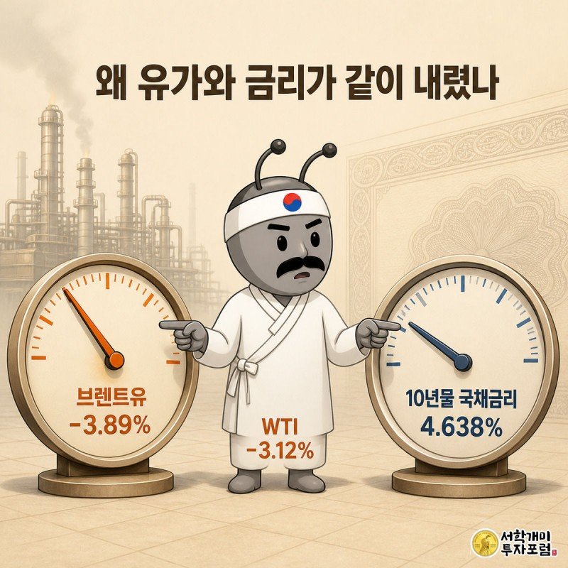개미 캐릭터가 유가 게이지와 금리 게이지의 바늘이 함께 아래로 내려가는 것을 양손으로 가리키며 확인하는 모습을 그린 일러스트.