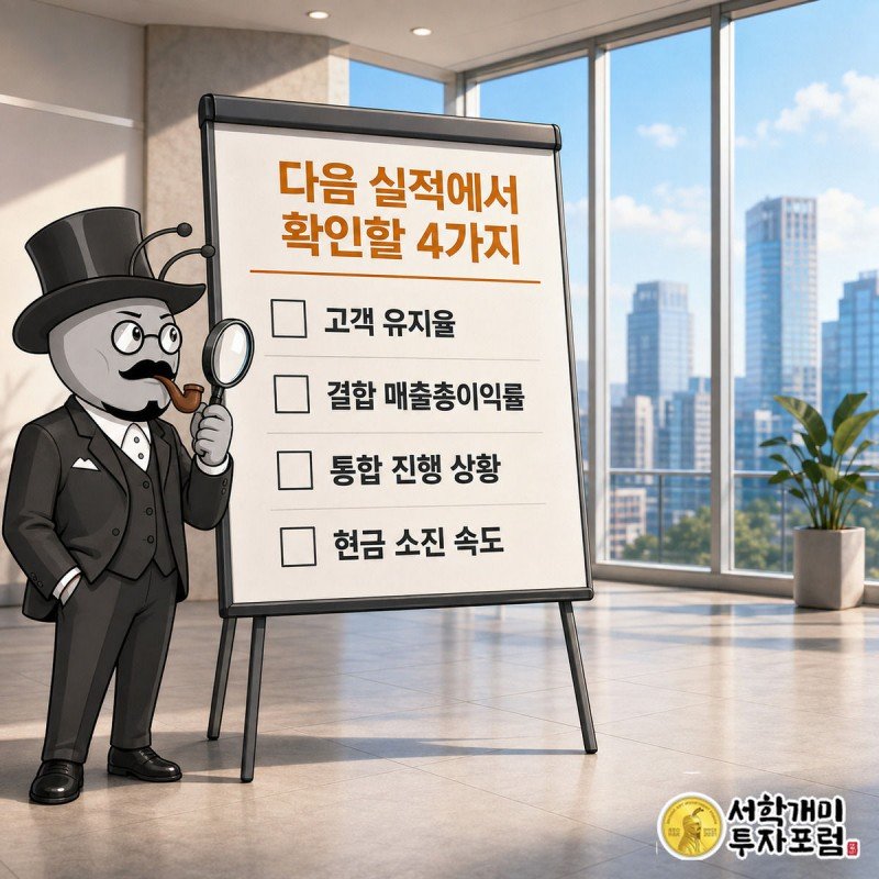 서민개미가 돋보기로 다음 분기 실적 체크리스트의 네 가지 확인 항목을 들여다보고 있다.