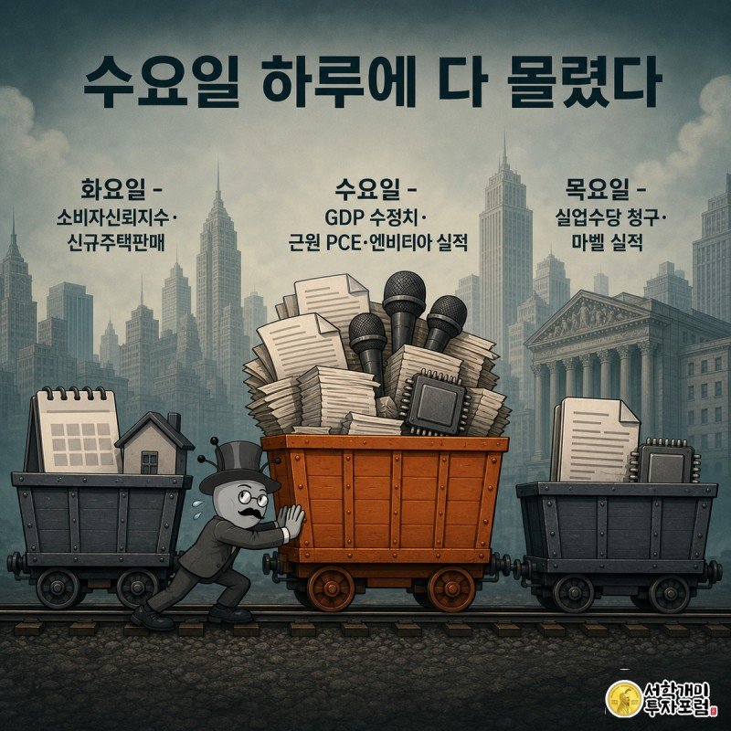 화·수·목 요일별 화물칸에 경제지표와 실적 일정이 실려 있고 개미가 짐이 넘치는 수요일 칸을 힘겹게 미는 그림