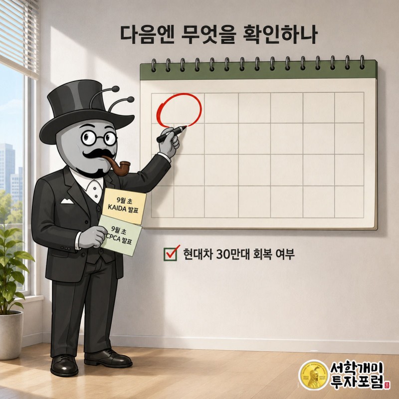 9월 초 달력 날짜에 동그라미를 치며 KAIDA와 CPCA 알림 카드를 든 서학개미