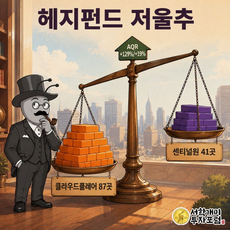 저울 위에서 클라우드플레어 87곳, 센티널원 41곳의 헤지펀드 보유 수를 비교하는 인포그래픽, 개미가 놀란 표정으로 지켜본다