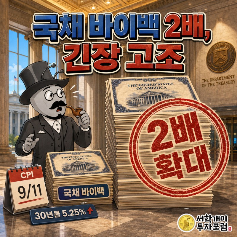 부자개미가 두 배로 불어난 국채 바이백 증서 더미를 놀란 표정으로 올려다보는 모습