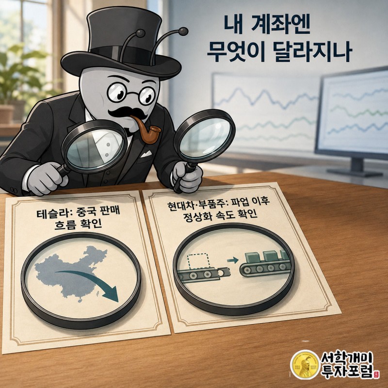 테슬라 증서와 현대차 증서를 돋보기로 각각 살피며 신중한 표정을 짓는 서학개미