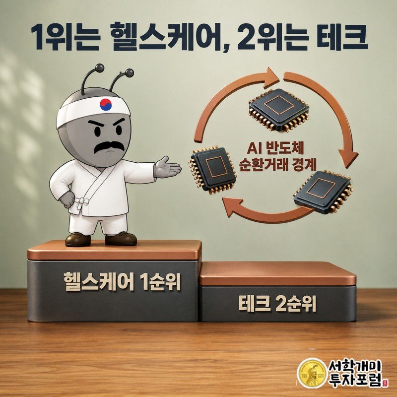부자개미가 헬스케어 1위 계단에 서서 여유로운 표정으로 2위 테크 계단을 내려보고, 뒤로 반도체 칩이 원형으로 도는 순환거래 화살표가 보인다.