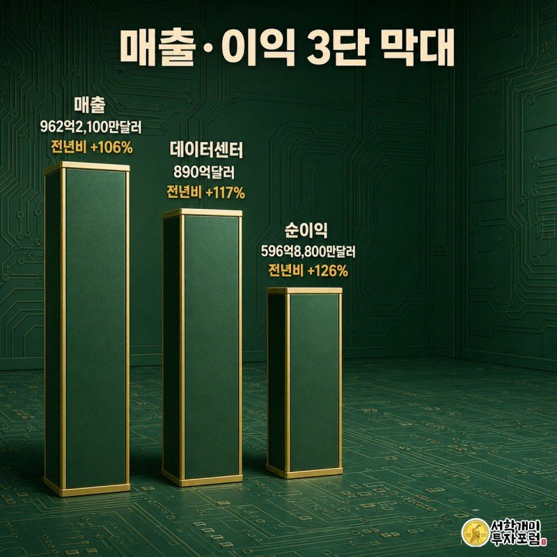 엔비디아 매출 106% 폭증에도 하락 — 답은 마진 74% 한 줄이다 — 매출·이익 3단 막대(매출/데이터센터/순이익, 전년비 라벨)