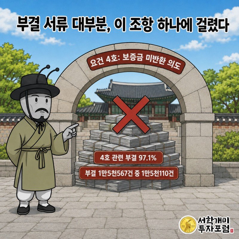 법 조항 게이트 앞에 부결 서류더미가 쌓이고 개미가 요건 4호 팻말을 가리키는 장면