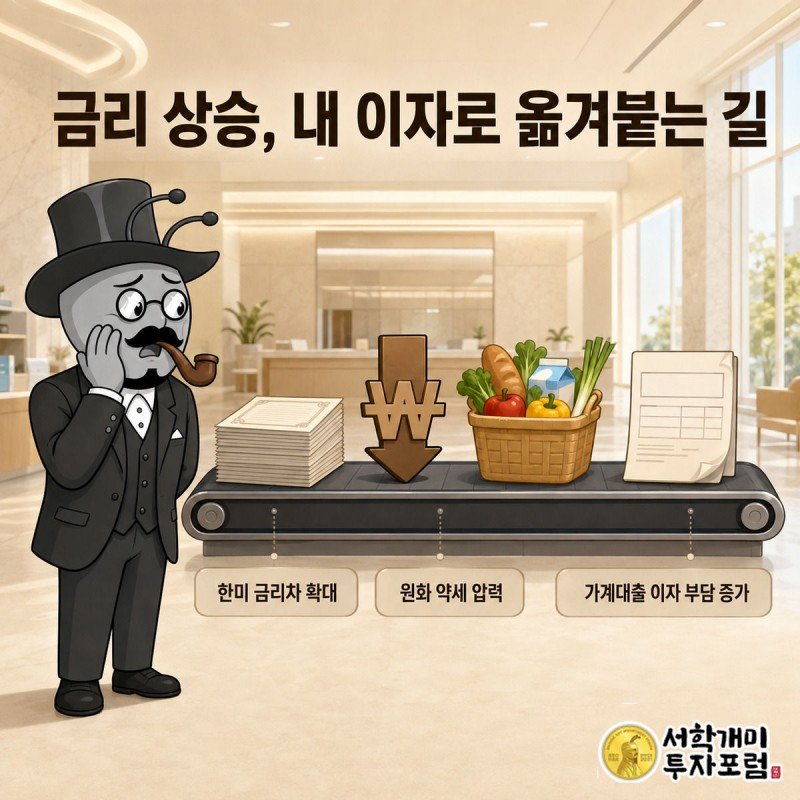 국채금리 상승이 원화 약세를 거쳐 가계대출 이자 청구서로 이어지는 컨베이어벨트를 서민개미가 낭패한 표정으로 바라보는 장면