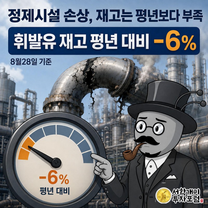 파손된 정유시설 앞에서 서민개미가 평년보다 6% 낮은 휘발유 재고 게이지를 확인하는 장면