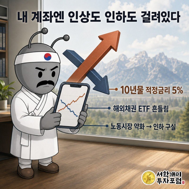 개미가 든 스마트폰 계좌 화면 위로 금리 인상과 인하를 뜻하는 화살표가 교차하고 있다.