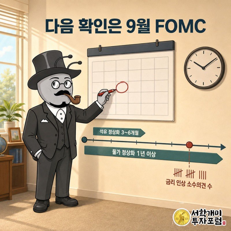 부자개미가 달력의 9월 FOMC 날짜에 동그라미를 치고 석유 정상화 3~6개월, 물가 정상화 1년 이상 시간축을 살펴보는 장면