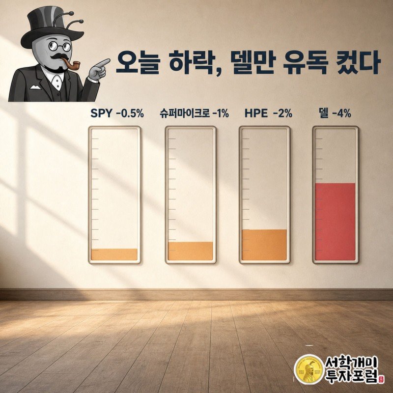 네 개의 낙폭 게이지 중 델의 빨간 막대가 가장 높이 치솟은 모습을 개미가 손가락으로 짚는 장면