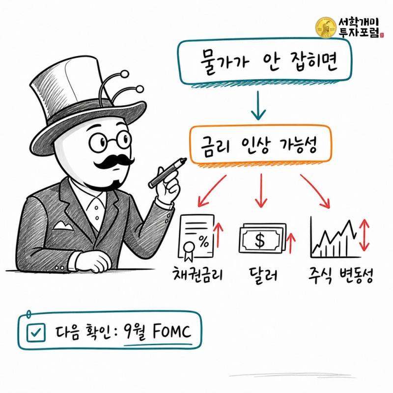 물가 지속에서 금리 인상 가능성과 채권금리·달러·주식 변동성으로 이어지는 경로 설명판