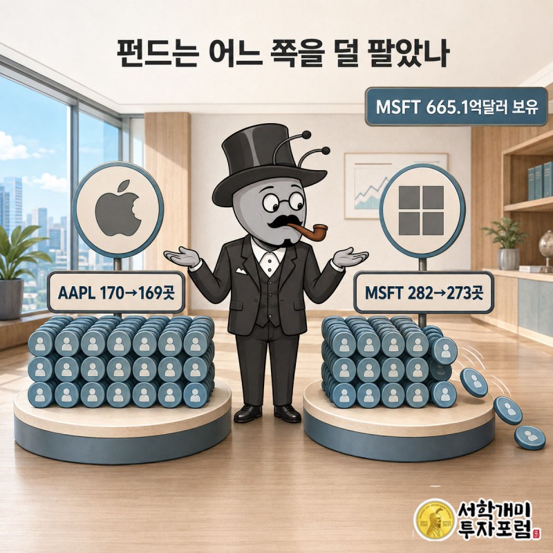 애플 쪽 개미 대열은 거의 그대로이고 마이크로소프트 쪽 개미 대열은 더 많이 빠져나가는 모습을 양반개미가 지켜보는 장면