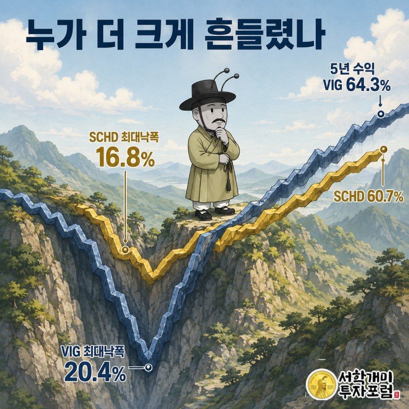 VIG 능선이 더 깊게 파이고 SCHD 능선은 완만한 5년 수익 지형을 부자개미가 고심하며 바라보는 모습