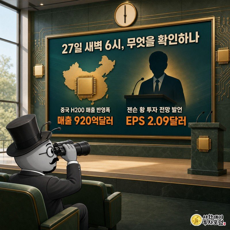 엔비디아 실적발표 무대의 전광판에 매출과 EPS 전망치가 뜨고 개미 캐릭터가 쌍안경으로 지켜보는 인포그래픽