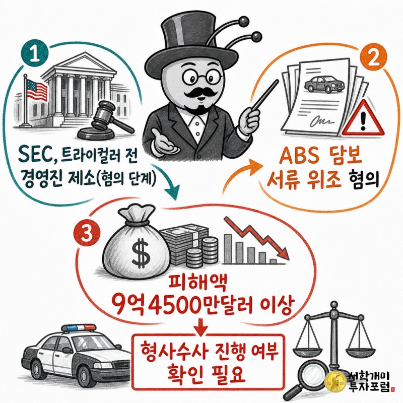 트라이컬러 제소와 ABS 담보 서류 위조 혐의 및 피해액을 정리한 설명판
