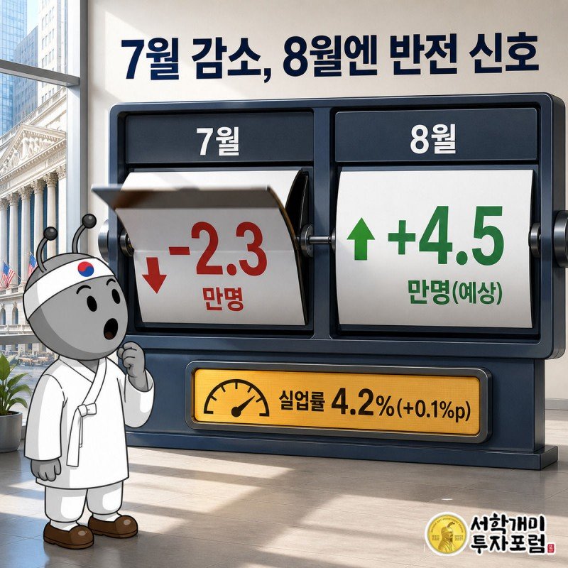 대형 플립보드가 7월 고용 감소에서 8월 고용 증가 예상으로 뒤집히는 순간을 개미가 놀란 표정으로 보는 모습