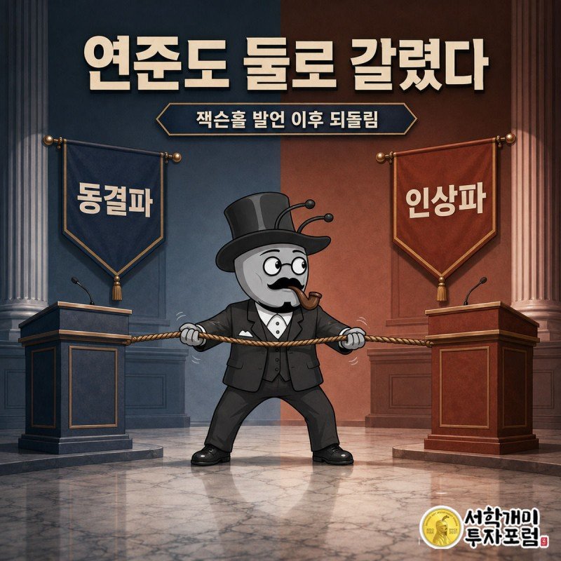 금리동결을 주장하는 서민개미와 금리인상을 주장하는 부자개미가 밧줄을 사이에 두고 대치하는 장면