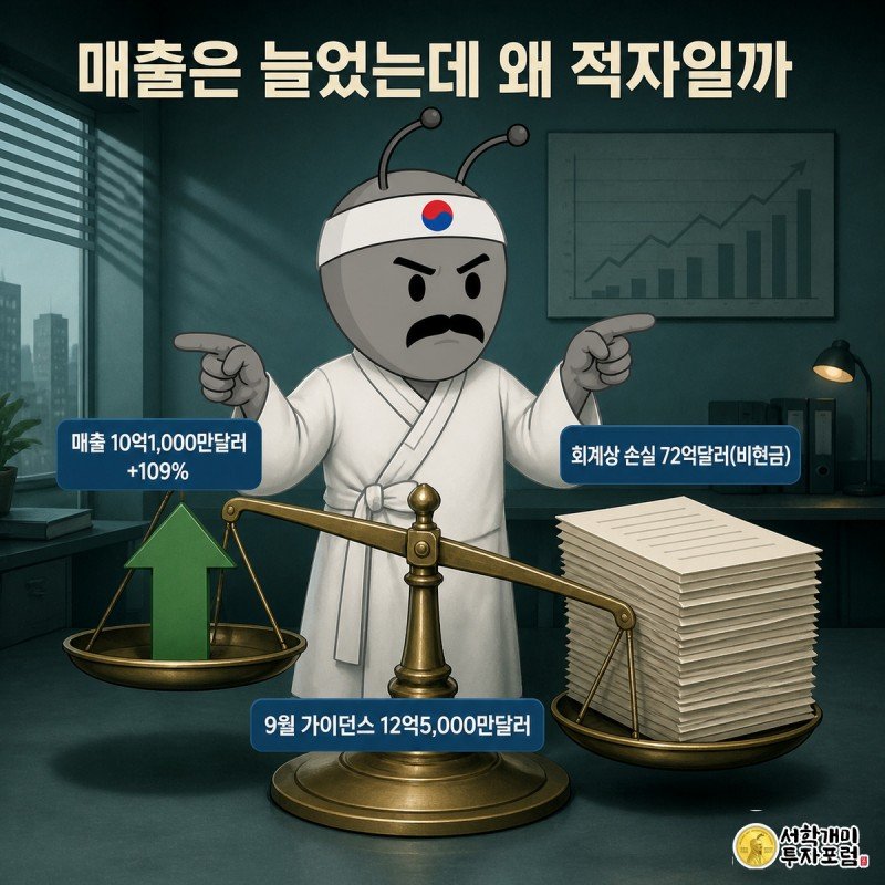 개미 회계사가 저울로 매출 109% 증가와 전환사채 비현금 손실 72억달러를 비교하는 일러스트