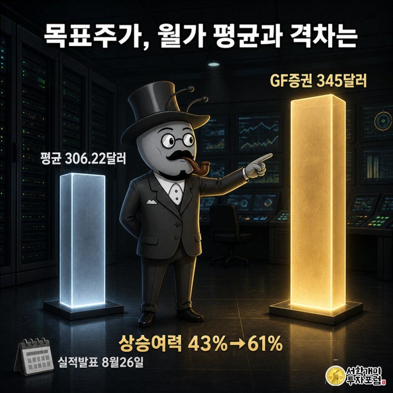 관제실에서 개미가 낮은 청회색 목표주가 기둥 옆의 더 높은 골드빛 기둥을 가리키며 놀라는 모습