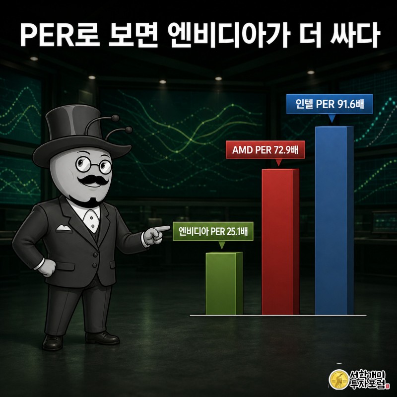 개미가 엔비디아, AMD, 인텔의 PER을 비교한 막대그래프 앞에서 가장 낮은 엔비디아 막대를 가리키며 웃고 있다