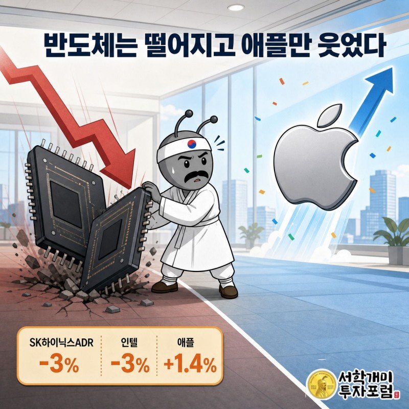 가라앉는 반도체 주가판과 떠오르는 애플 로고 사이에서 복잡한 표정을 짓는 부자개미