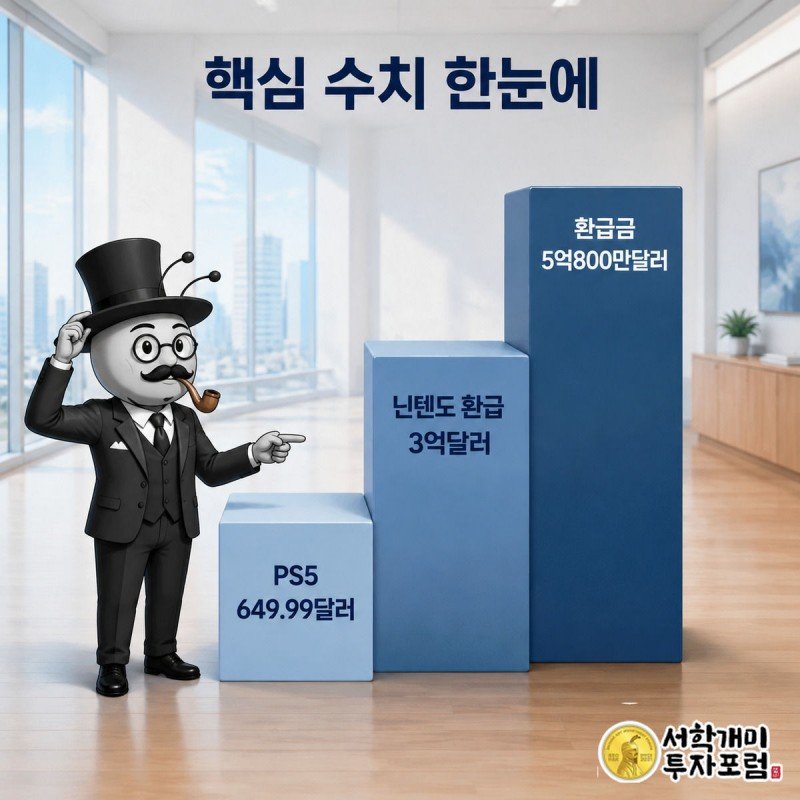 양반개미가 계단식으로 쌓인 숫자 카드들을 손가락으로 짚어가며 소니 환급금, PS5 가격, 닌텐도 환급액을 확인하는 그림