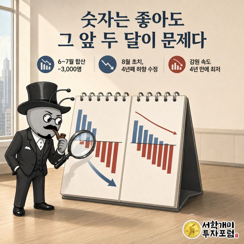 서민개미가 6월과 7월 고용이 겹쳐 마이너스로 내려앉은 달력 그래프를 손전등으로 비춰보는 이미지