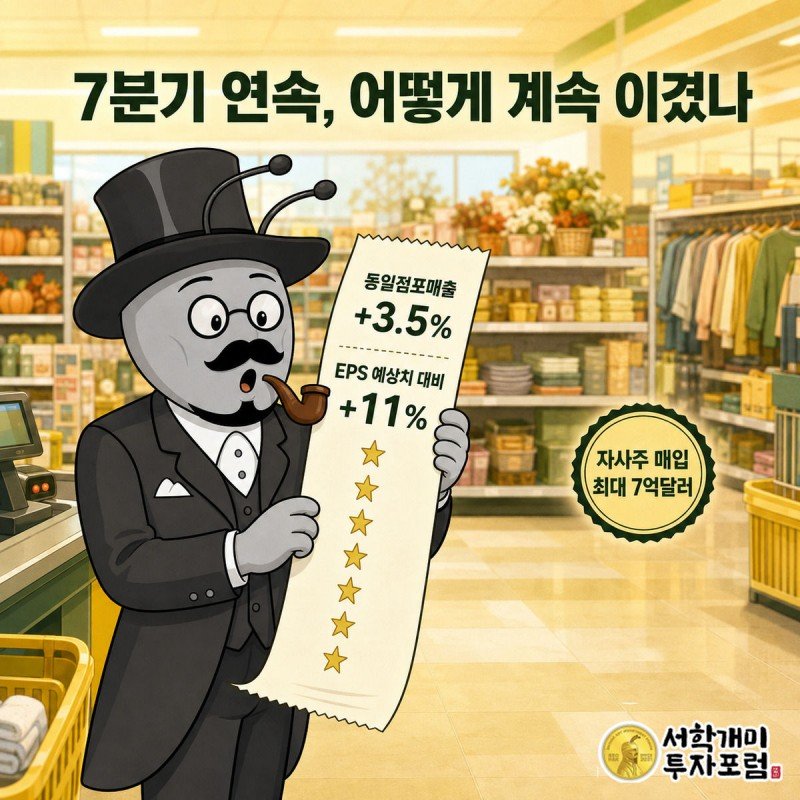 별 도장 7개가 찍힌 영수증을 들고 놀라는 개미와 달러제너럴 매장 진열대 그림