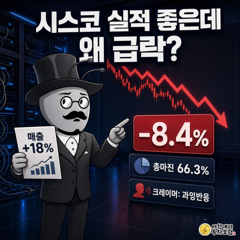 시스코 사무실 대형 스크린에 급락하는 붉은 주가 차트가 떠 있고 개미가 실적 서류를 든 채 낭패한 표정으로 차트를 가리키는 모습