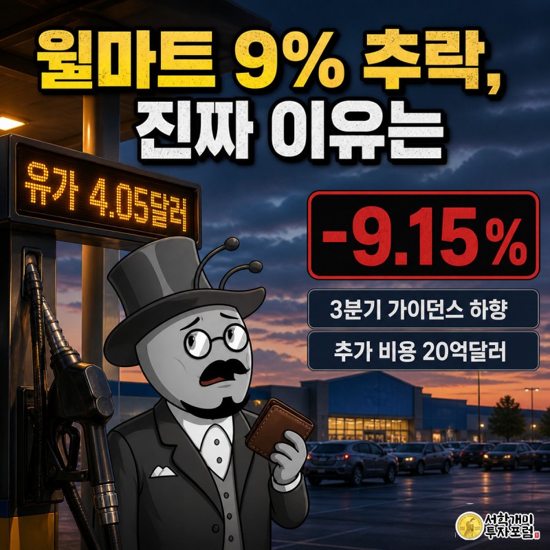 저녁 주유소에서 개미가 4.05달러를 가리키는 주유기 가격판을 보고 놀라고, 머리 위에는 월마트 주가 -9.15% 배지가 떠 있다