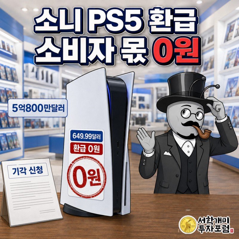부자개미가 흰색 PS5 콘솔 옆에서 여유롭게 손사래를 치고, 콘솔 가격표에는 빨간 스탬프로 0원이 찍혀 있으며 5억800만달러 환급금 수치가 데이터 위젯에 표시된 그림