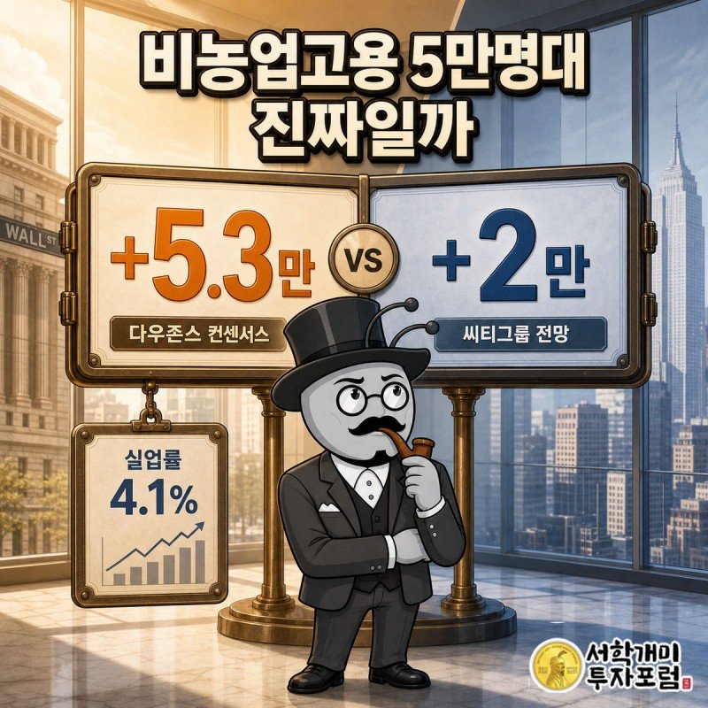 서민개미가 다우존스의 5만3천명 전망과 씨티그룹의 2만명 전망 사이에서 갈피를 못 잡고 양쪽을 번갈아 가리키는 표지 이미지