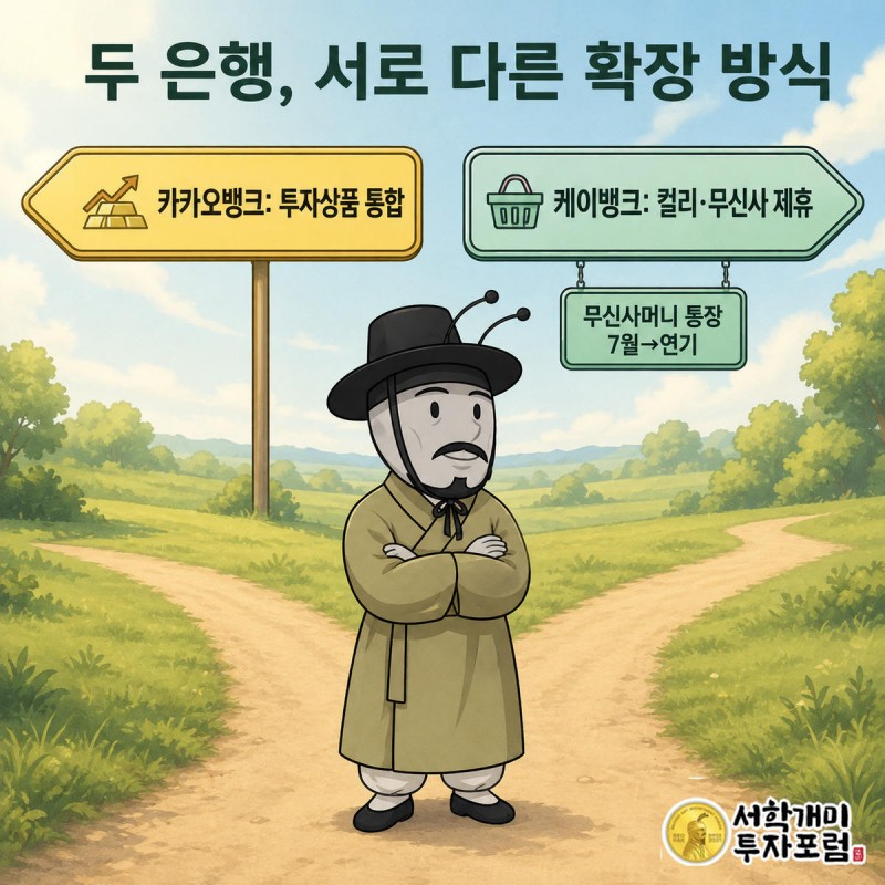 갈림길에서 카카오뱅크의 투자상품 노선과 케이뱅크의 쇼핑제휴 노선을 두고 개미가 고민하는 비교 그림