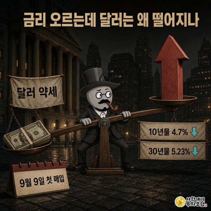 비정상적으로 기울어진 저울 위에서 한쪽은 오르는 금리 화살표, 다른 쪽은 가라앉는 달러 지폐를 놓고 개미가 당혹스러운 표정으로 균형을 잡으려는 모습.