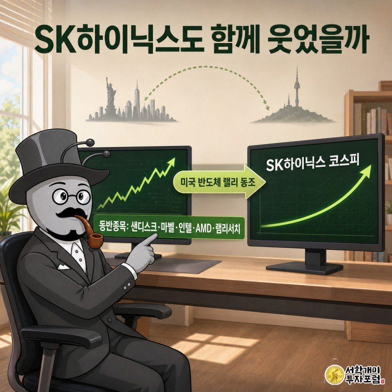 홈오피스 책상에 앉은 개미가 미국 반도체 종목 시세창과 코스피 SK하이닉스 시세창을 양손으로 가리키며 놀라는 장면, 두 화면 사이에 태평양을 가로지르는 점선 지도가 그려져 있다