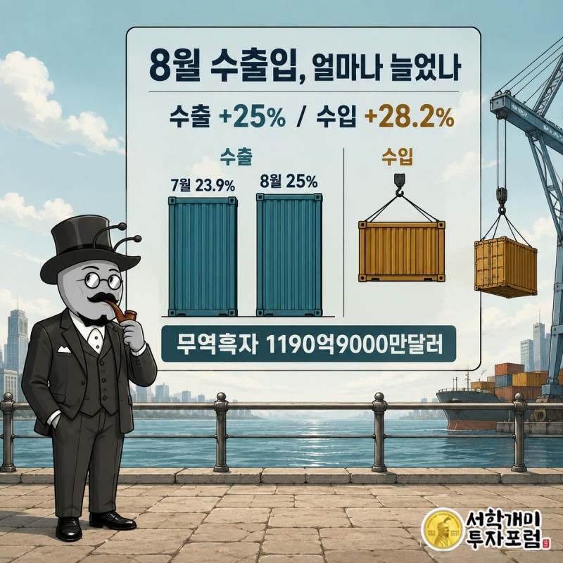 부자개미가 항만에서 7월과 8월 수출입 증가율 막대그래프를 비교하는 모습