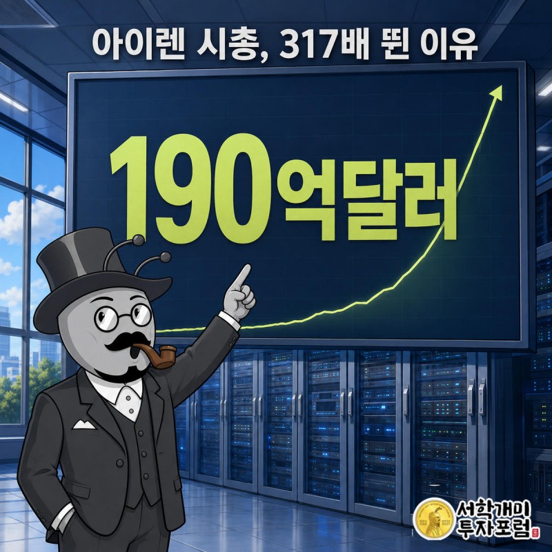 밝은 데이터센터 스크린에 뜬 급등 곡선 앞에서 부자개미가 190억달러 수치를 가리키며 놀라는 모습